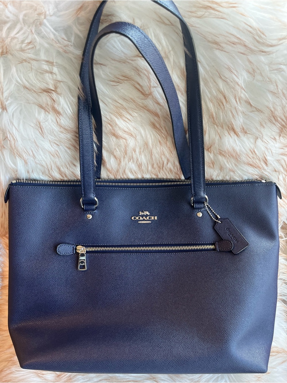 Coach Gallery Tote in Navy Crossgrain Leather with Silver Hardware